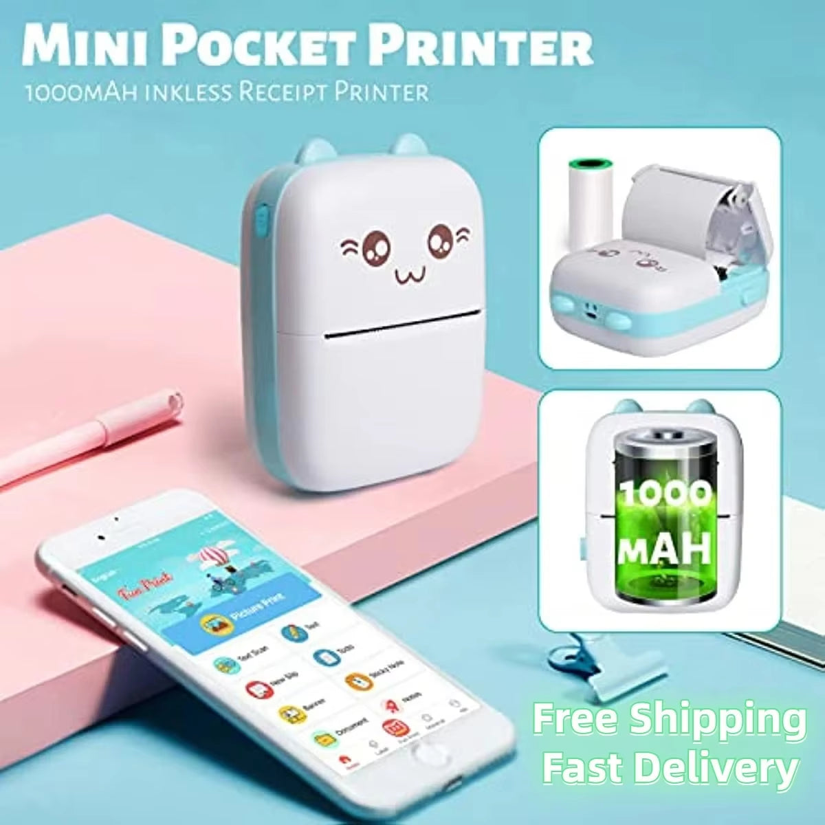 Mini Photo Pocket Printer Portable Ink-Free Thermal 57Mm Sticker Trans Paper Wireless BT 200Dpi Android IOS Printing Machine