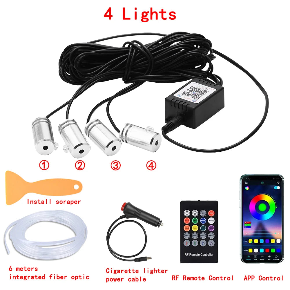 LED Car Interior Ambient Strip Lights RGB Fiber Optic Atmosphere Neon Lighting Kit W/ APP Remote Control Auto Decorative Lamps