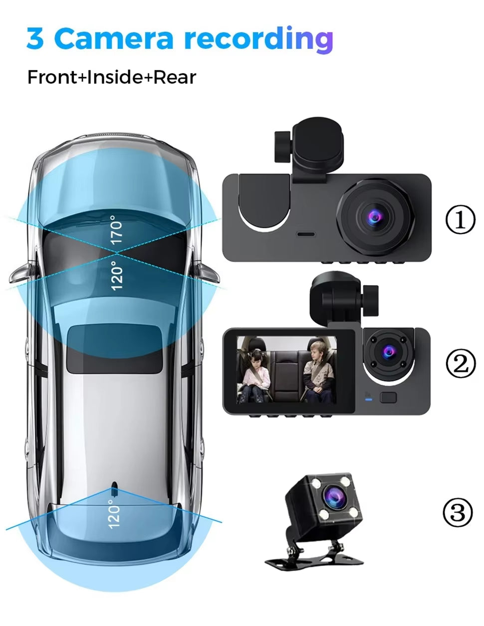 3 Channel Dash Cam for Cars Camera HD 1080P Video Recorder Dashcam DVR Black Box Dual Lens DVR with Rear View Camera for Vehicle